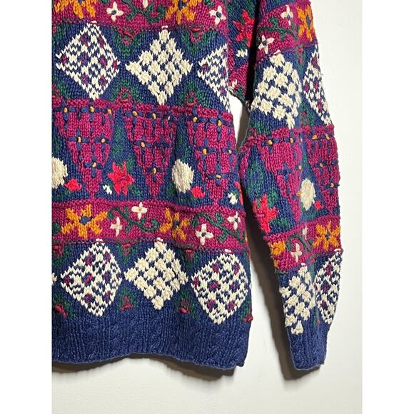 VTG Frankenmuth Woolen Mill Hand Knit Cotton Ramie Patchwork Pullover Sweater L - Picture 5 of 10